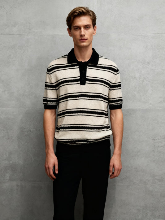 Men’s Black and White Striped Polo Shirt – Size M, Relaxed Fit