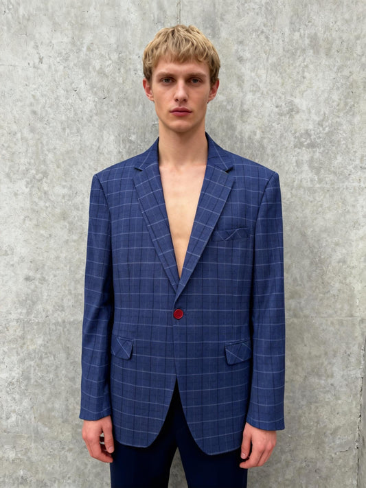 Men’s Blue Plaid Suit Set – Blazer & Pants, US Size 40