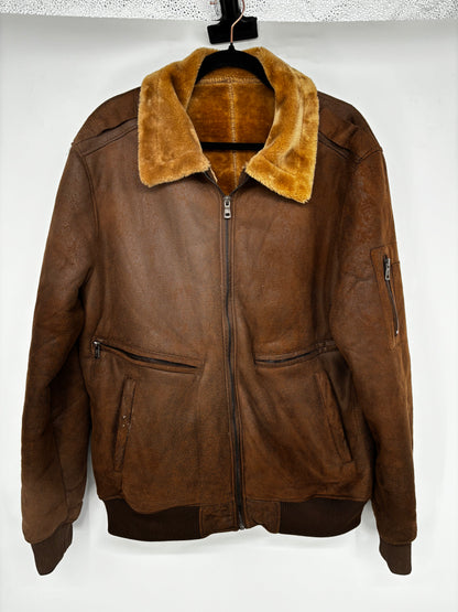 Men’s Faux Leather Jacket with Fur Collar – Estimated Size L