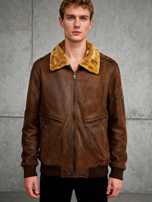 Men’s Faux Leather Jacket with Fur Collar – Estimated Size L