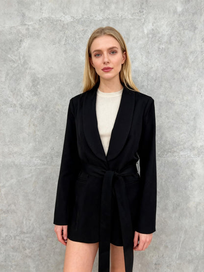 Women’s Black Short Coat with Belt – Size M