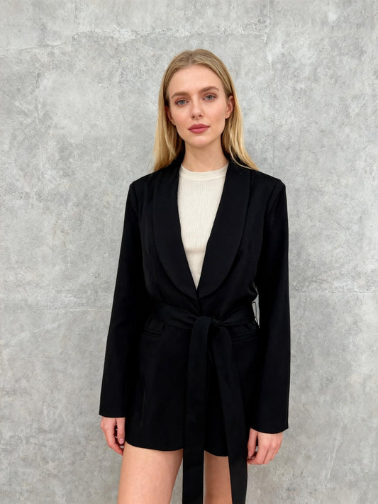 Women’s Black Short Coat with Belt – Size M