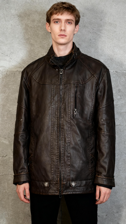 WULFUL Men's Vintage Stand Collar Leather Jacket Motorcycle PU Jacket and Coat Size XL