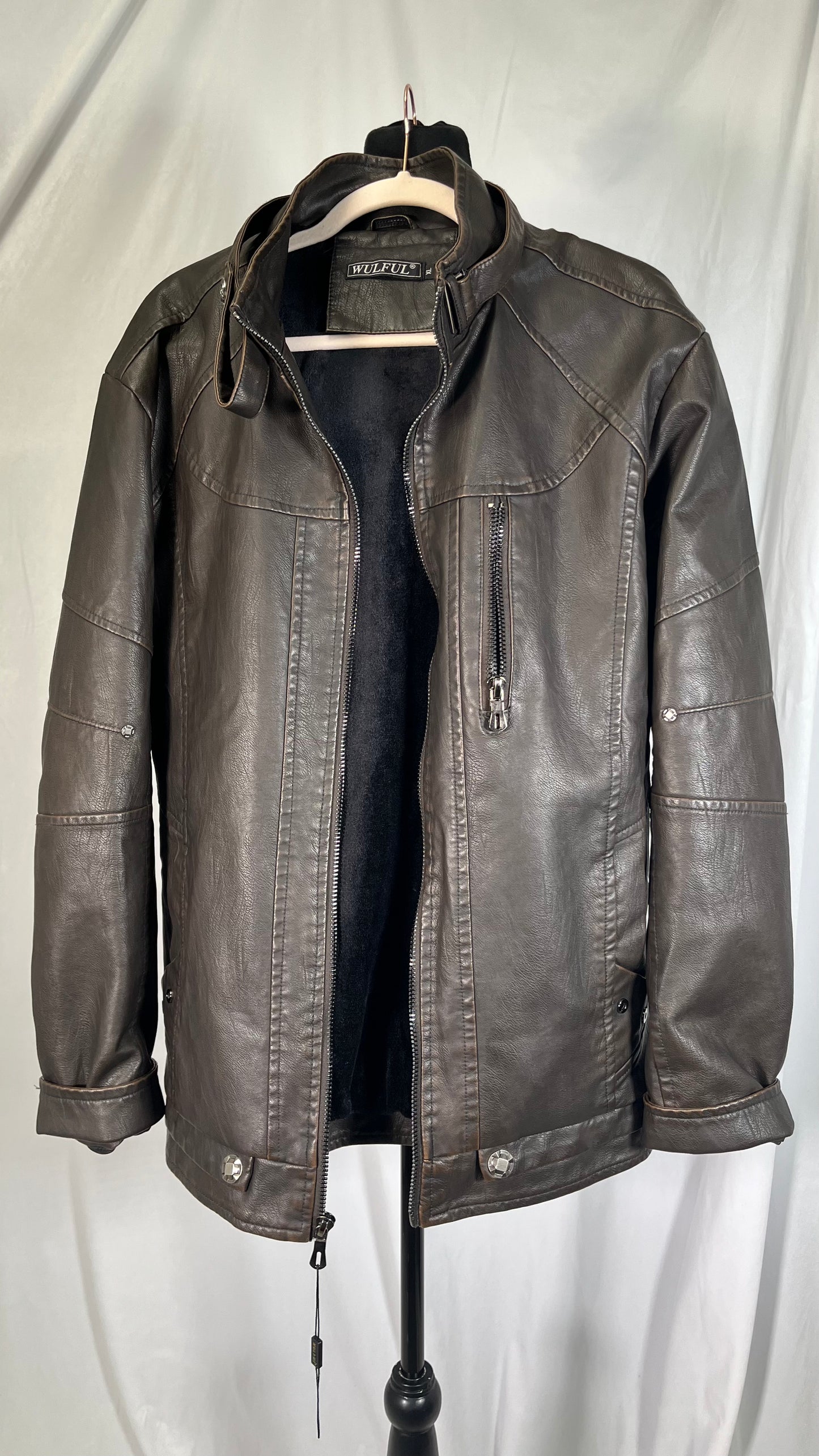 WULFUL Men's Vintage Stand Collar Leather Jacket Motorcycle PU Jacket and Coat Size XL