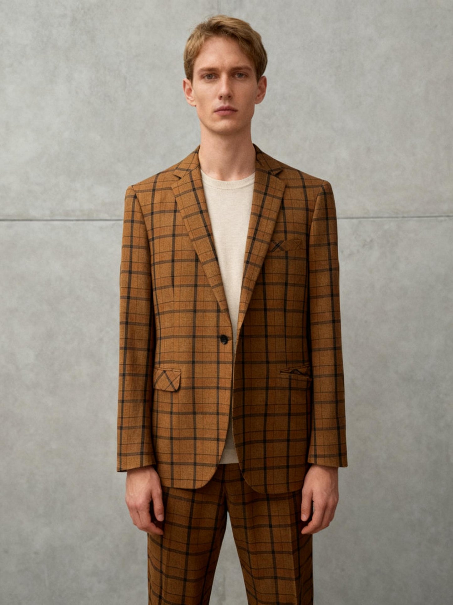 Men’s Brown Plaid Blazer And Pants – Size 40