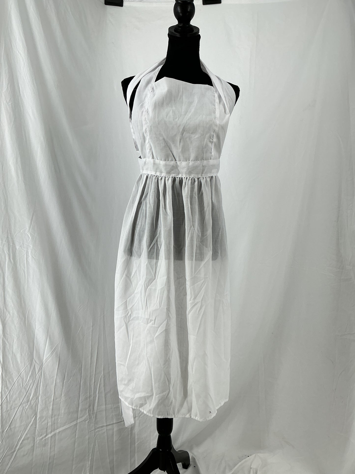 White Cotton Blend Gathered Waist Bib Apron with Tie Back Size M