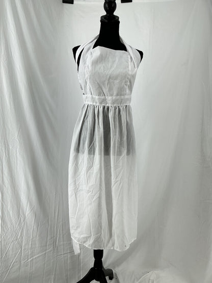 White Cotton Blend Gathered Waist Bib Apron with Tie Back Size M