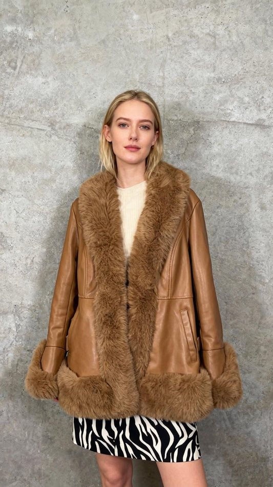 Aunaeyw Women Faux Fur Leather Jacket Faux Fur Open Front Casual Furry Collar Short Parka Coat Warm Cardigan with Belt Size M