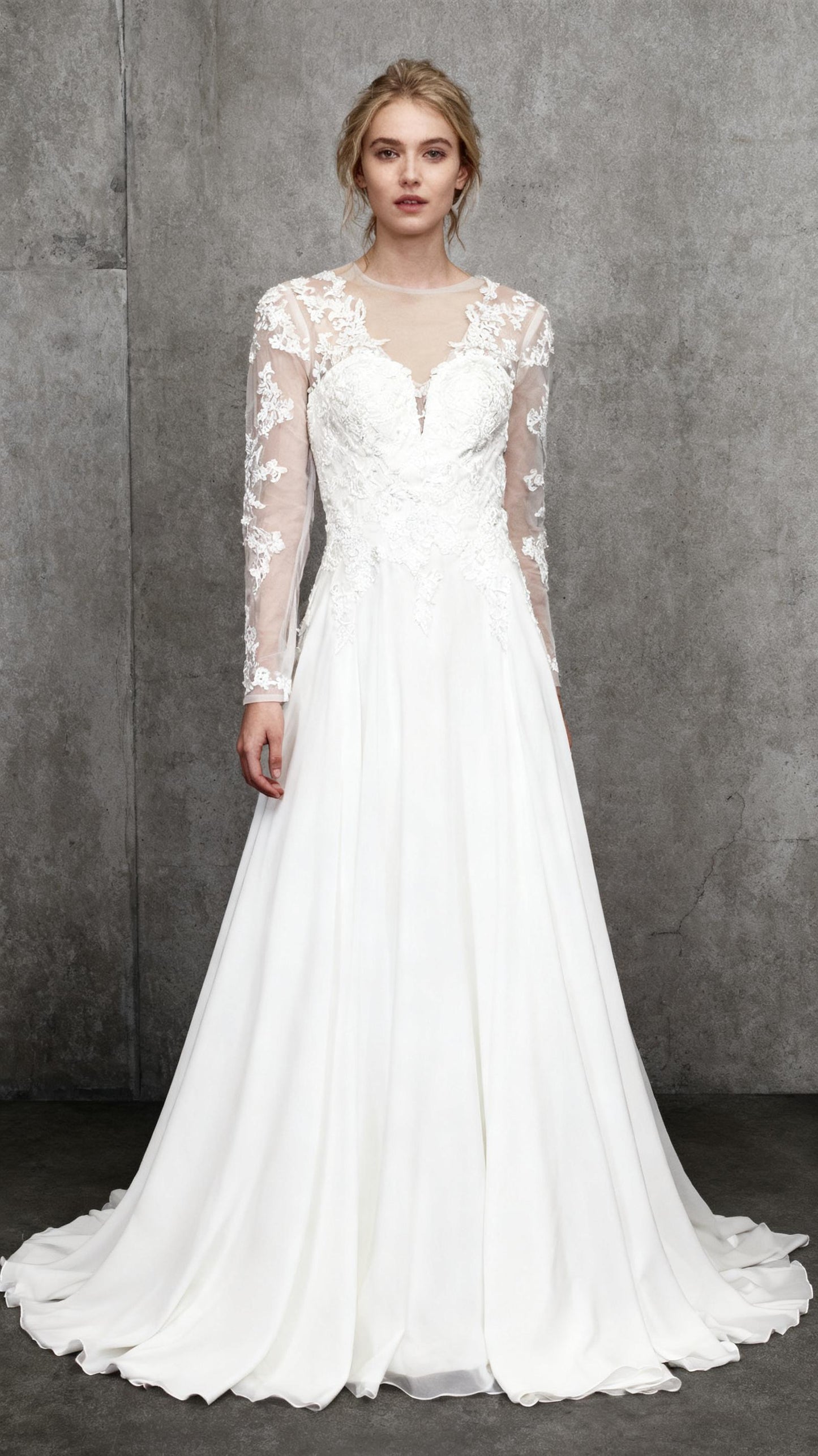 Women’s Off Shoulder Long Sleeves Wedding Dress, A-Line 3D Lace Applique Simple Wedding Dresses with Sweep TrainSize 2