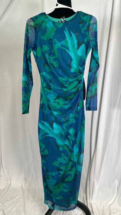 MakeMeChic Women's Elegant Tie Dye Mesh Ruched Long Sleeve Round Neck Bodycon Midi Long Dresses  Size S