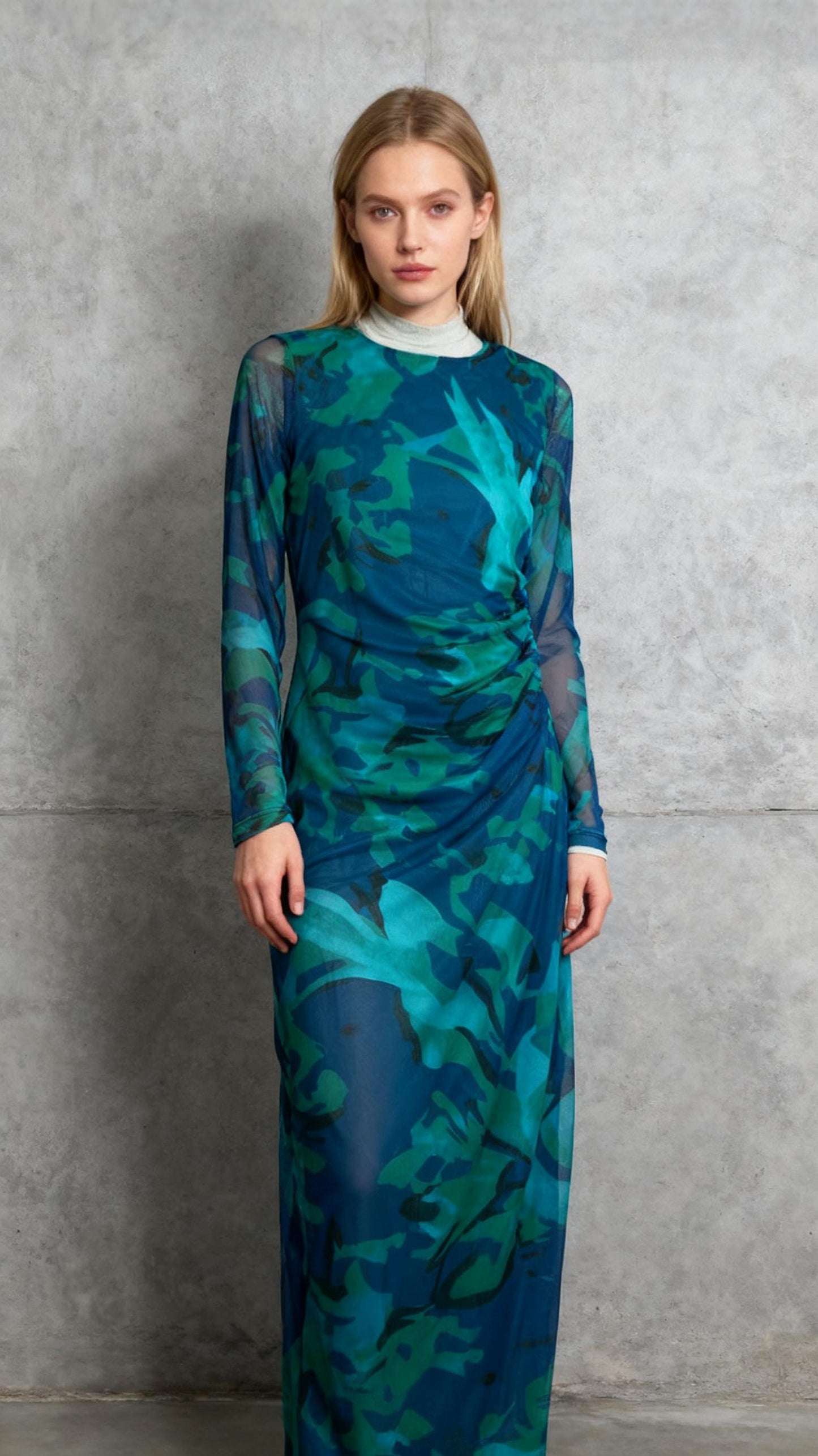 MakeMeChic Women's Elegant Tie Dye Mesh Ruched Long Sleeve Round Neck Bodycon Midi Long Dresses  Size S