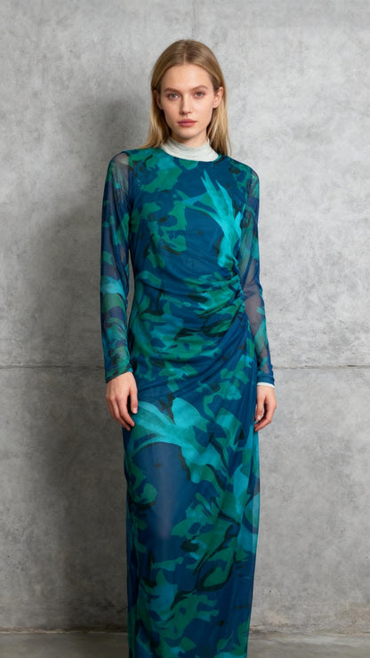 MakeMeChic Women's Elegant Tie Dye Mesh Ruched Long Sleeve Round Neck Bodycon Midi Long Dresses  Size S