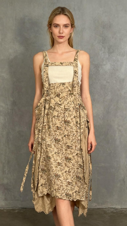 Pinafore Apron Dress，Japanese Cotton Linen Cross Back Apron for Women with Pockets，Pinafore Dress with Waist Ties (Brown flower) didn't find size on picture
