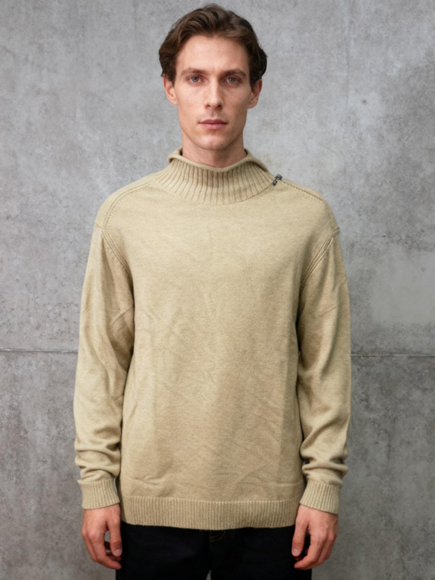 Men Classic Seamless Wool Turtleneck Pullover Basic Flip Up Neck Long Sleeve Soft Warm Business Sweater Size L