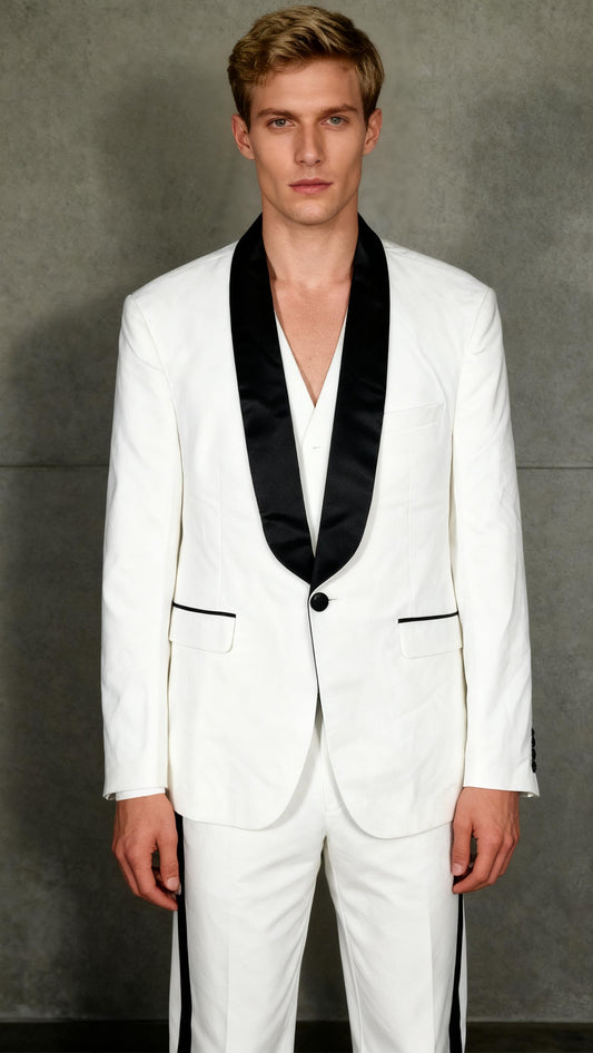 Men's Shawl Lapel 2 Piece Suits Slim Fit One Button White Wedding Groom Tuxedos Size M