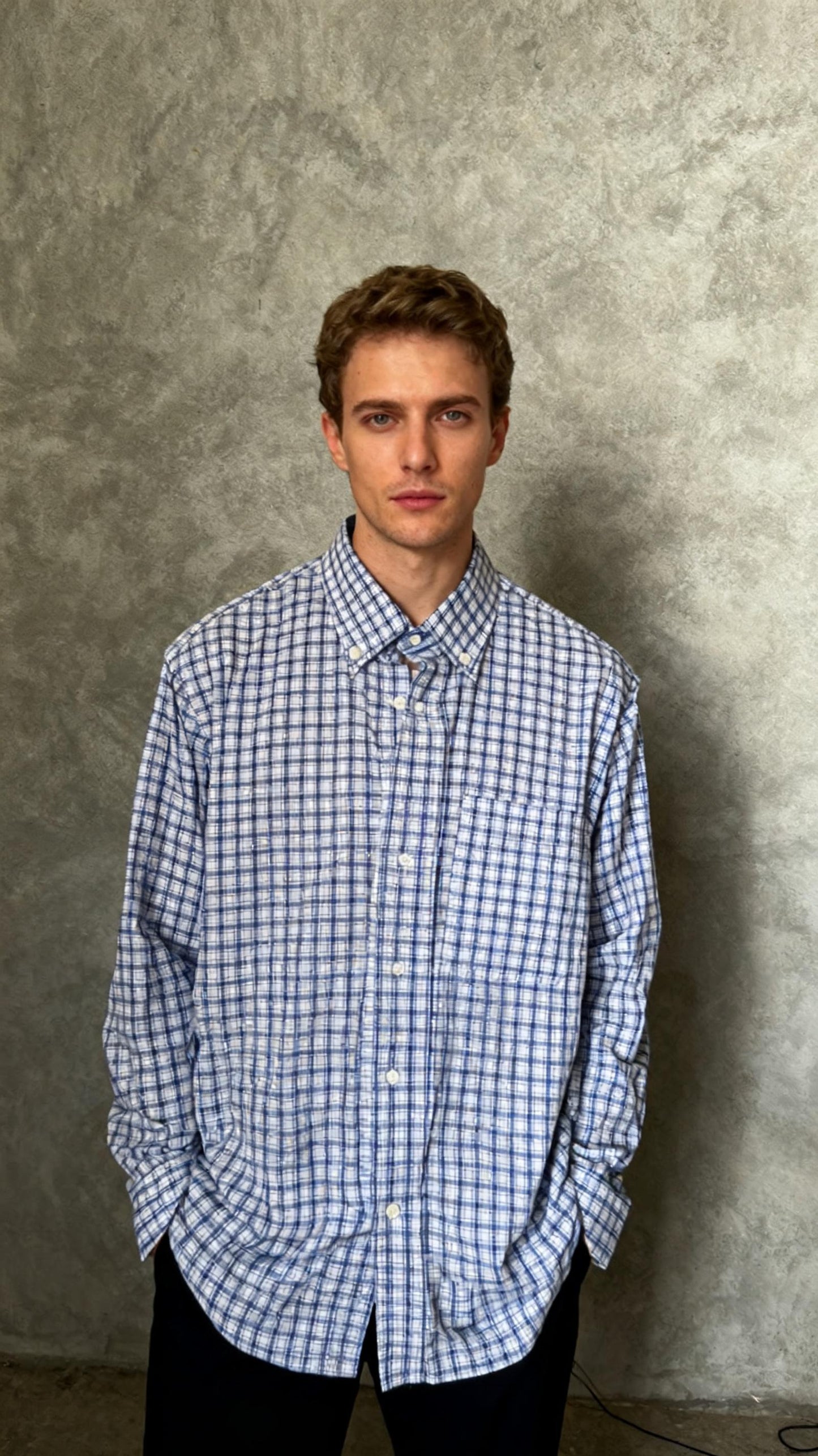 Short Blue White Checkered Shirt Size M