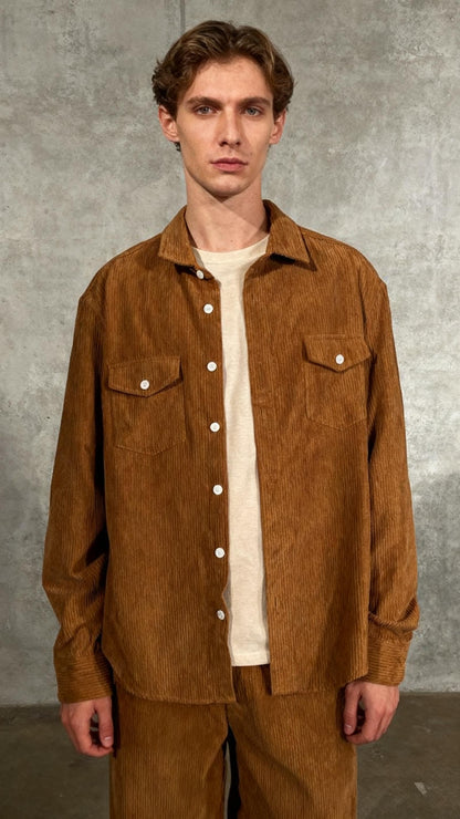 JMIERR Men's Corduroy Button-Down Shirts Casual Long Sleeve Fall Shacket Jacket with Flap Pocket for Men,CA 43(L),0 BrownSize M