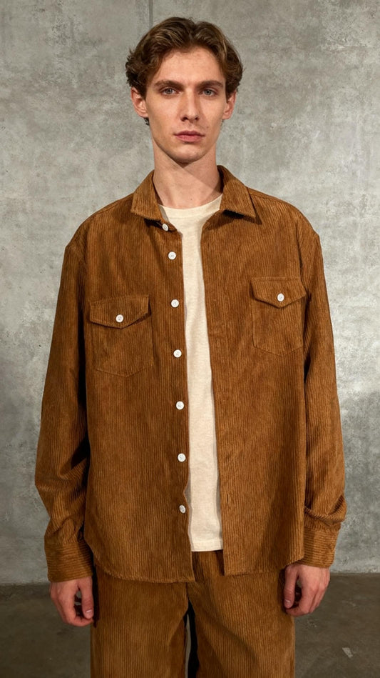 JMIERR Men's Corduroy Button-Down Shirts Casual Long Sleeve Fall Shacket Jacket with Flap Pocket for Men,CA 43(L),0 BrownSize M