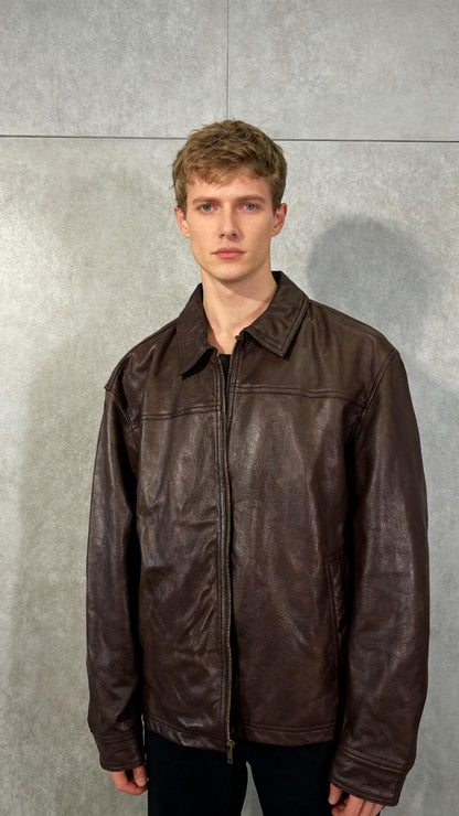 Cowhide Leather Motorcycle Jacket Men Biker Waxed Brown Classic Shirt Collar Vintage Leather Jacket For Man Size XL