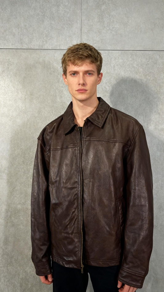 Cowhide Leather Motorcycle Jacket Men Biker Waxed Brown Classic Shirt Collar Vintage Leather Jacket For Man Size XL