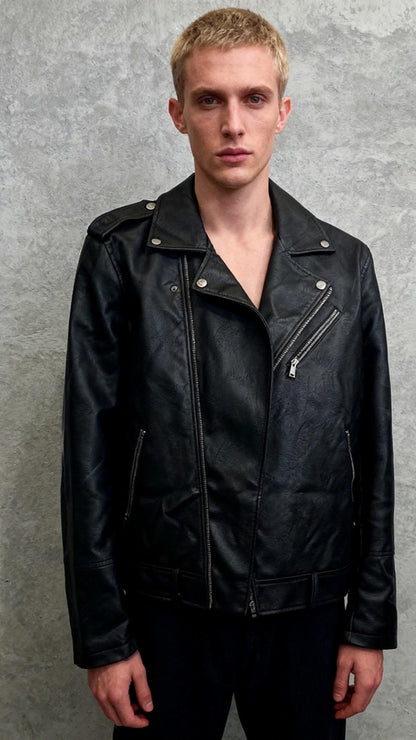 Men’s Black Genuine Sheepskin | Shirt Collar Retro Biker Outerwear | Classy Zip-Up Lightweight Leather Jacket Size XL