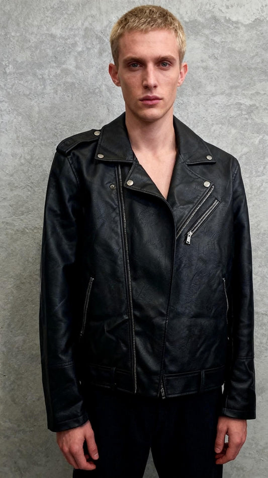 Men’s Black Genuine Sheepskin | Shirt Collar Retro Biker Outerwear | Classy Zip-Up Lightweight Leather Jacket Size XL