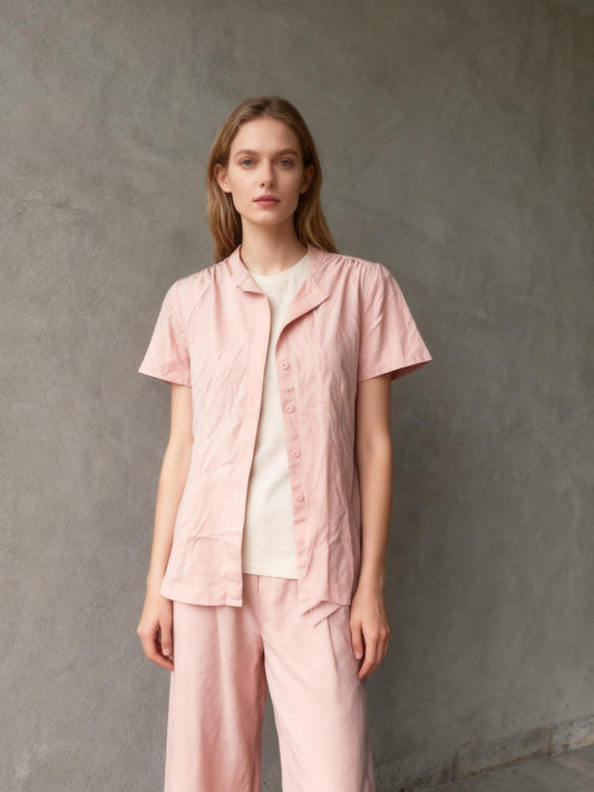 Belle Poque Women's Summer Short Sleeve Blouse Lapel Collar Slim Fit Casual Office Blouse Size S