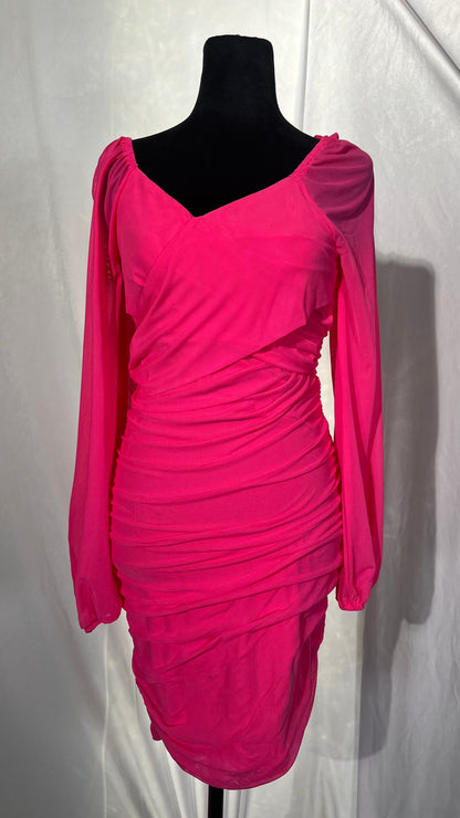 WAFIYAH FASHION Fuchsia Pink V-Neck Knitted Dress, Long Sleeves, Knee Length Size M