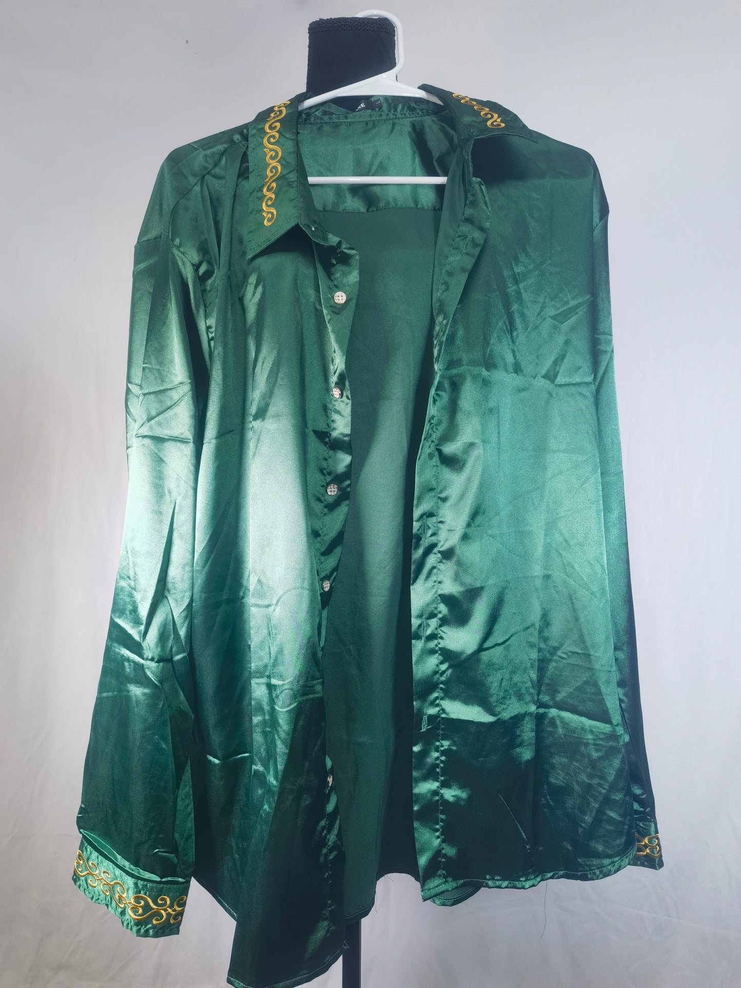 Men's Luxury Satin Dress Shirt Shiny Embroidery Silk Long Sleeve Button Up Shirts Prom Wedding Party ShirtSize L