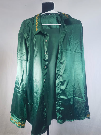 Men's Luxury Satin Dress Shirt Shiny Embroidery Silk Long Sleeve Button Up Shirts Prom Wedding Party ShirtSize L