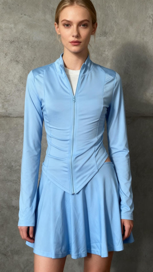 2 Piece Tennis Dress for Women Long Sleeve Zipper Tight Jacket Mini Skirt with Shorts Cute Workout Skort Skirt Set Size M