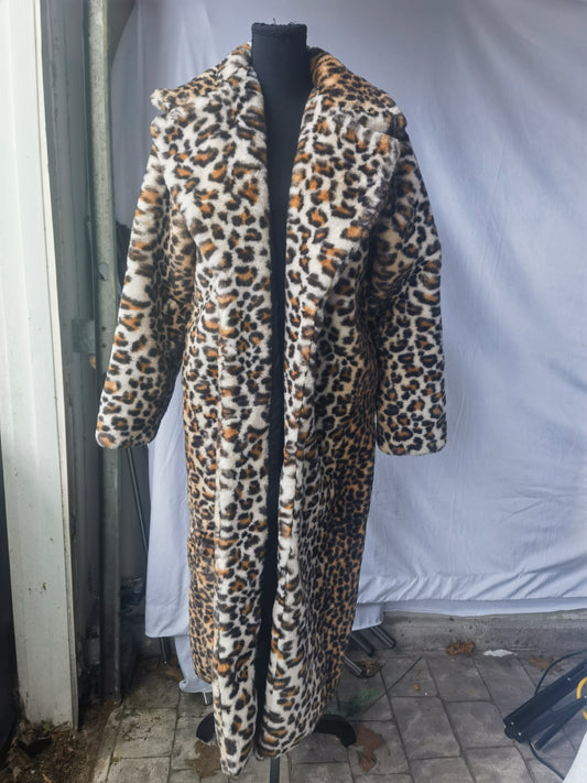 DJBM Women's Sexy Elegant Vintage Leopard Print Lapel Faux Fur Long Maxi Coat Jacket  size M