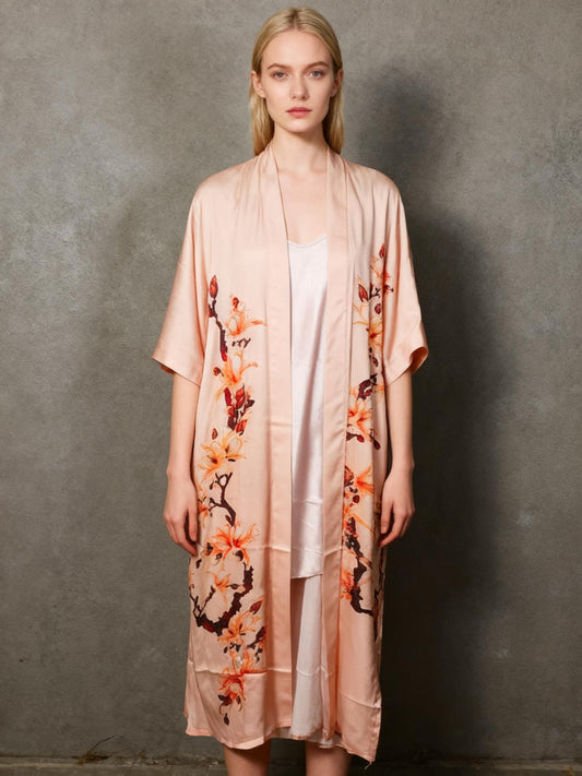 BABEYOND  Kimono Robe Cover up Long Floral Satin Sleepwear Silky Bathrobe Bachelorette Robe  Size S