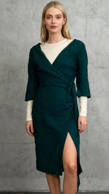 MUXXN Women's Vintage Faux Wrap V Neck 3/4 Sleeve Formal Party Work Dress with Belt, Dark Green, Large Size M