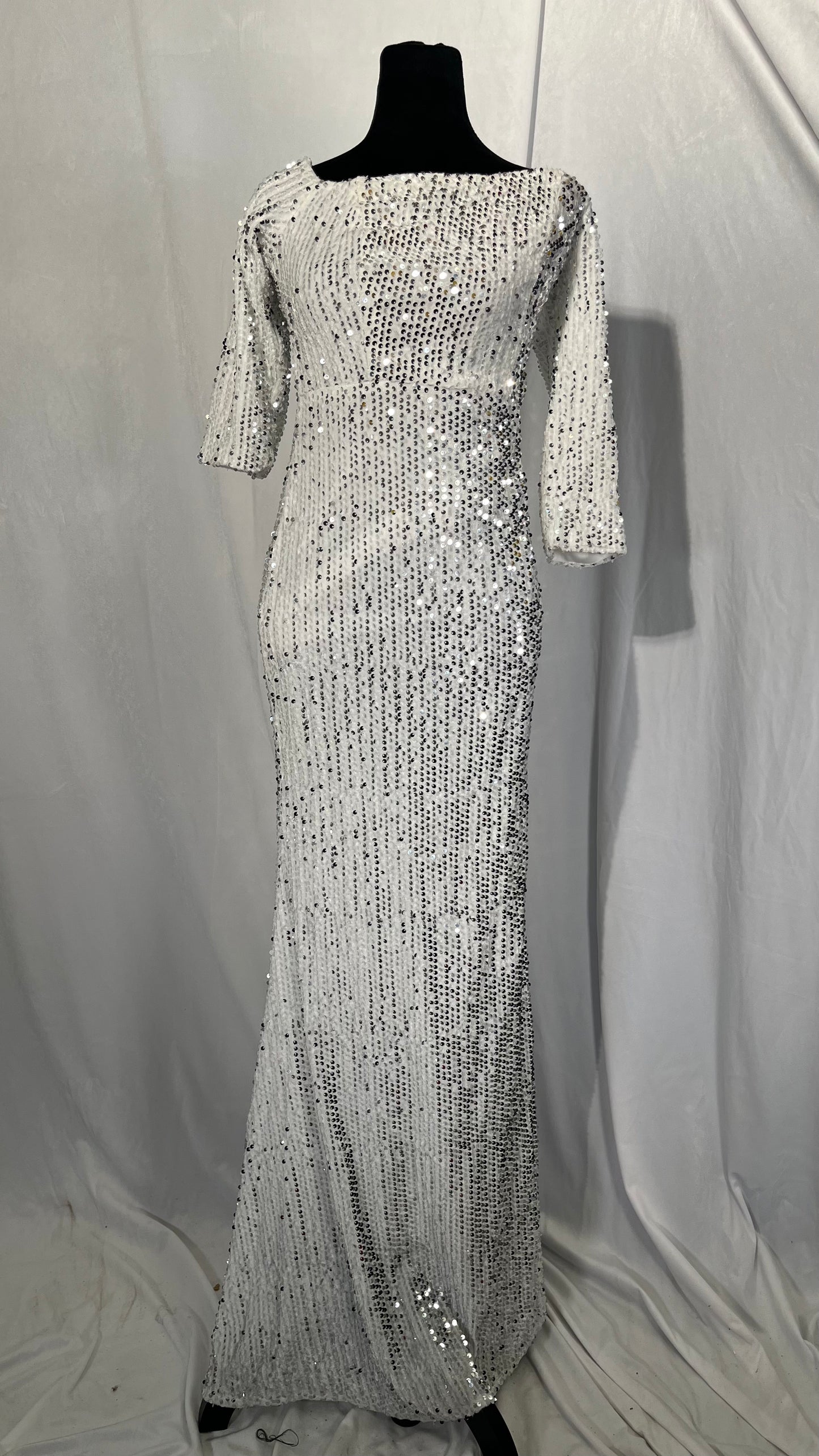 LEIGE Long Sleeve Evening Dreses o-Neck Formal Gowns Sequin Long Sleeved Ladies Annual Meeting (Color : Silver) Size S