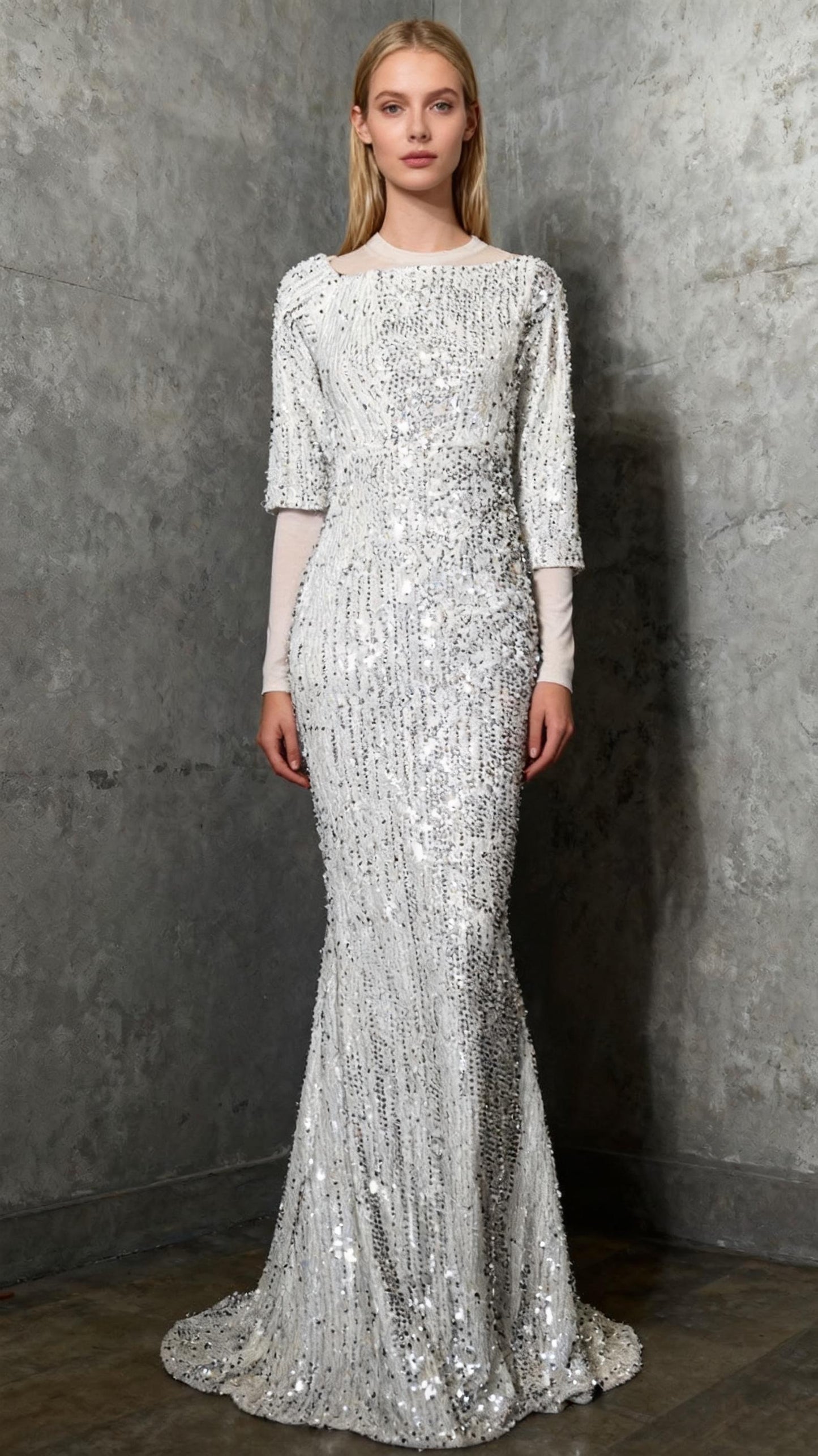 LEIGE Long Sleeve Evening Dreses o-Neck Formal Gowns Sequin Long Sleeved Ladies Annual Meeting (Color : Silver) Size S