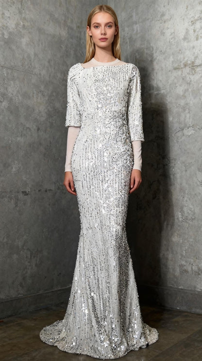 LEIGE Long Sleeve Evening Dreses o-Neck Formal Gowns Sequin Long Sleeved Ladies Annual Meeting (Color : Silver) Size S