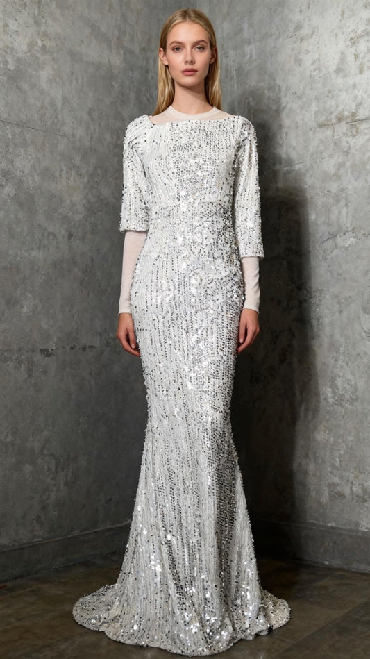 LEIGE Long Sleeve Evening Dreses o-Neck Formal Gowns Sequin Long Sleeved Ladies Annual Meeting (Color : Silver) Size S