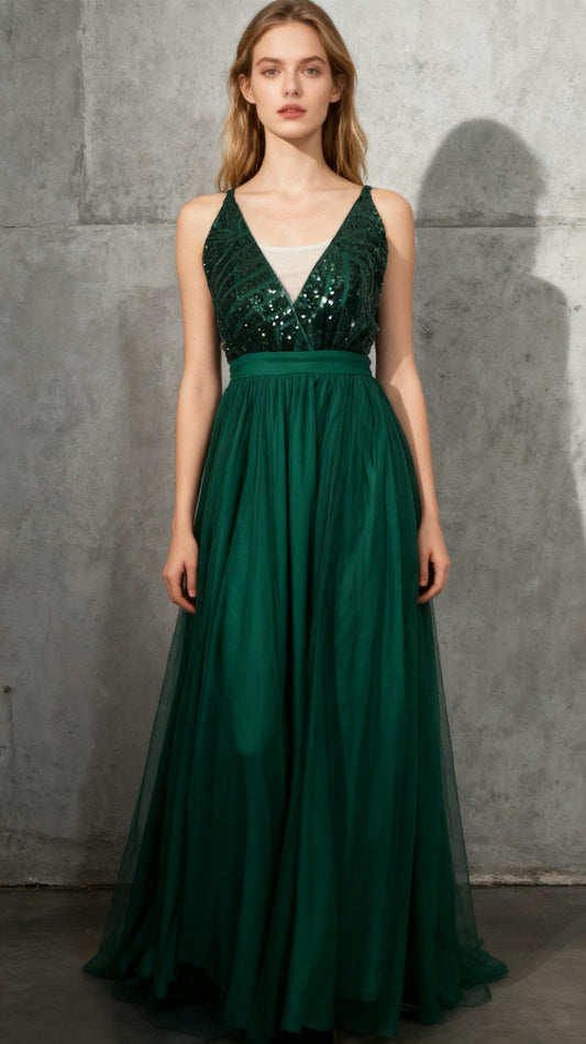 Hularka Women's Sleeveless High Split Elegant Sexy Cocktail Party Maxi Dress Shiny Sequins Deep V Neck Evening Dress Size XS