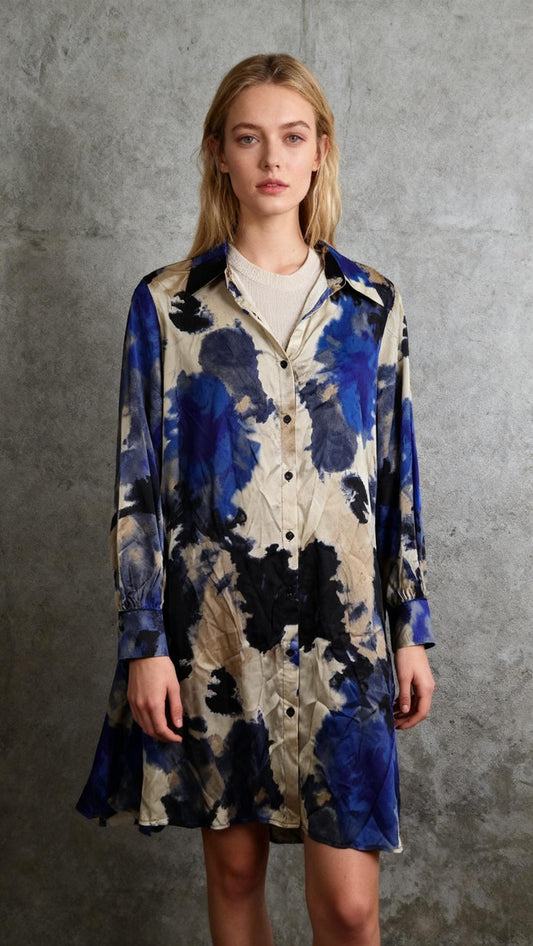 SHEIN Plus Size Button Front Long Sleeve Tie-Dye Mini Shirt Dress For Casual Vacation  size L