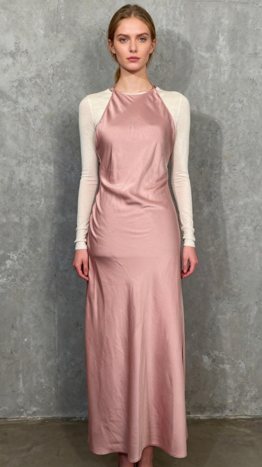 Women's Summer Satin Dress Layered Ruched Guest Dresses Ruffle Dress Low Cut Sun Dress Beige  Size S