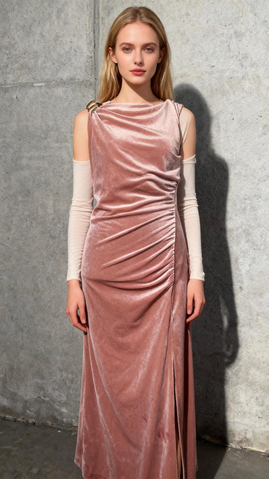 Women's One-Shoulder Silk-Blend Fit & Flare Gown – Elegant Ruched Evening Dress with Long Sleeve & V-Neckline Size M