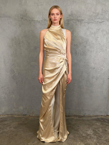 Mermaid Halter Bridesmaid Dresses Long Satin Prom Dress for Women with Slit Evening Party Sexy Backless Maxi Dress Size 2