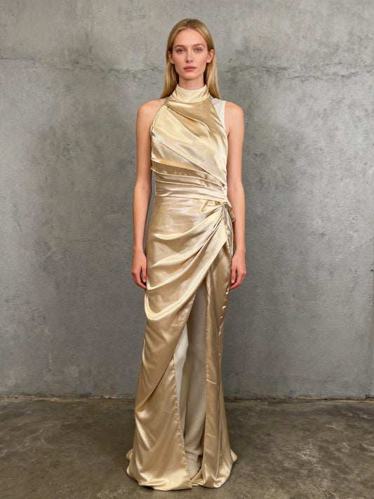 Mermaid Halter Bridesmaid Dresses Long Satin Prom Dress for Women with Slit Evening Party Sexy Backless Maxi Dress Size 2