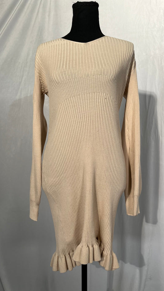 Women Mock Neck Ruffles Hem Mid Wool Dress Casual Solid Knit Fish Tail Pullover Dresses Size S