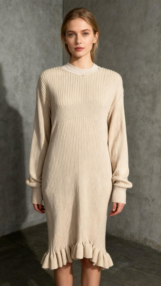 Women Mock Neck Ruffles Hem Mid Wool Dress Casual Solid Knit Fish Tail Pullover Dresses Size S