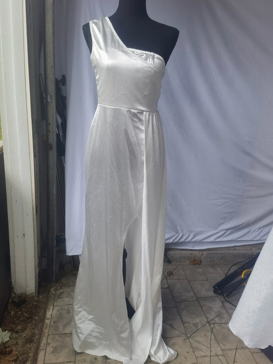 One-shoulder velvet bridesmaid dress for weddings, bow, long formal evening dress with slit Size S