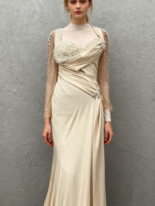 SHEIN Khaki Long Dress with Pearl - Size 6