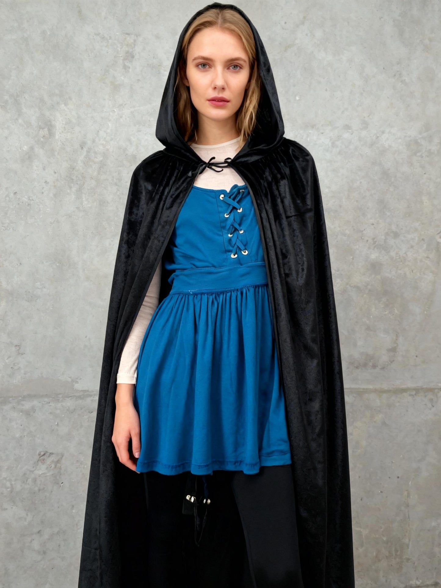 Black Cape and Blue Dress Size M