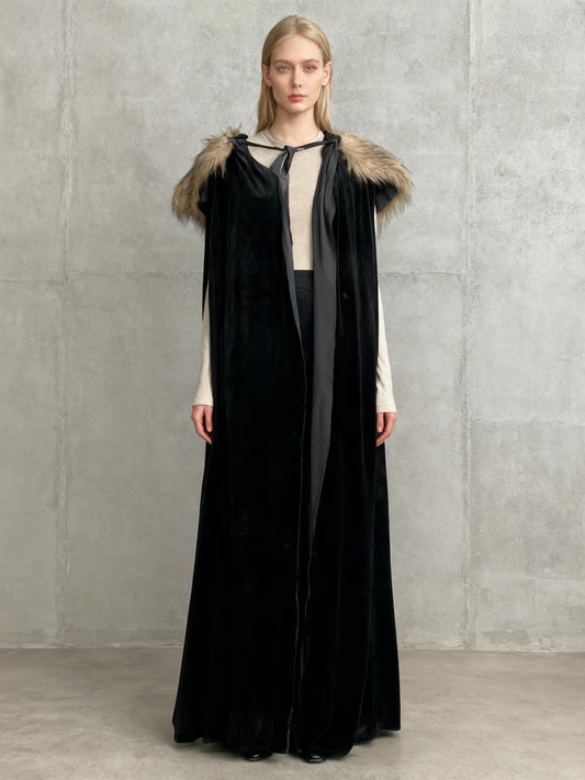 Black Cape with Fur Collar